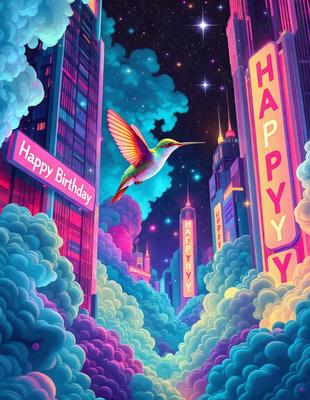 The primary subject of the image is a colorful bird flying through a vibrant cityscape. The bird is positioned in the middle of the scene, surrounded by a lively urban environment. The setting includes tall buildings, a cloudy sky, and a city street. The visual style of the image is a combination of digital art and illustration, creating a whimsical and imaginative atmosphere. The colors and mood of the image are predominantly bright and cheerful, with a sense of excitement and wonder.