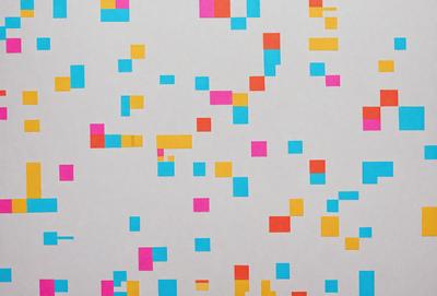 The primary subject of the image is a white wall with a pattern of colored squares. The squares are arranged in a checkered pattern, and they come in various colors, including pink, yellow, and blue. The setting is a white wall, and the visual style appears to be a combination of digital art and illustration. The overall atmosphere of the image is vibrant and lively, with the colored squares creating a dynamic and engaging pattern.