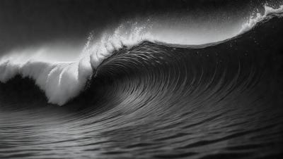 The image features a large wave crashing into the ocean. The wave is the primary subject, and it is captured in a black and white style, giving it a dramatic and timeless appearance. The setting is the ocean, with the wave being the main focus of the scene. The visual style is a combination of photo and digital art, creating a striking and dynamic image. The dominant colors are black and white, with the wave being the main source of color and contrast. The overall atmosphere is one of power and intensity, as the wave demonstrates the force of nature.