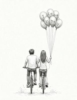 The primary subject of the image is a man and a woman riding a bicycle together. They are holding balloons, which are floating in the air behind them. The setting appears to be a park or an outdoor area with a clear sky. The visual style of the image is a combination of digital art and illustration, creating a whimsical and playful atmosphere. The colors are predominantly shades of blue and white, which contribute to the overall mood of the scene.