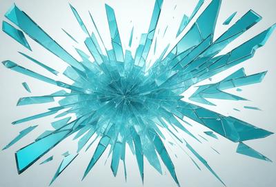 The primary subject of the image is a large, blue, shattered glass piece. The setting is a white background, which contrasts with the blue glass. The visual style is digital art, as the glass appears to be a digital rendering. The colors and mood of the image are predominantly blue, creating a sense of depth and complexity.