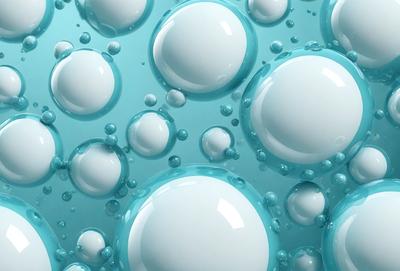 The primary subject of the image is a large group of white and blue bubbles floating in a blue background. The visual style of the image is a photo, and the colors and mood are predominantly blue and white, creating a serene and calming atmosphere.