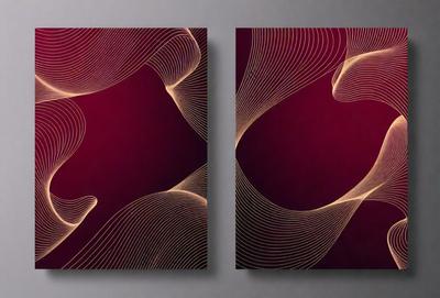 The primary subject of the image is a pair of abstract art pieces, each featuring a purple background and a design of intertwining lines. The setting is a wall, and the visual style is a combination of digital art and illustration. The dominant colors are purple and gold, creating a mood of sophistication and elegance.