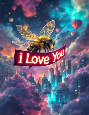 Primary subject: A bee with a heart-shaped banner.

Setting/background: A colorful, cloudy sky.

Visual style: Digital art.

Colors and mood: The image is bright and colorful, with a cheerful and playful atmosphere.
