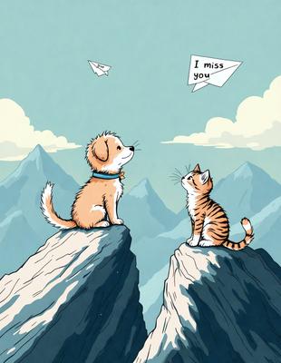 The image features two cute cats sitting on top of a mountain. One cat is positioned on the left side of the image, while the other cat is on the right side. The cats are looking at each other, creating a sense of companionship and connection. The mountainous background provides a serene and natural setting for the scene. The overall atmosphere of the image is warm and inviting, with the cats being the main focus of the picture.