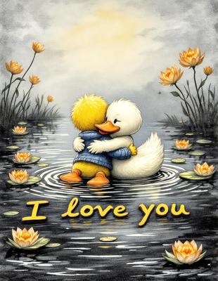 The primary subject of the image is a pair of ducks, one of which is hugging the other. They are standing in a body of water, which serves as the setting for the scene. The visual style of the image is a combination of digital art and illustration, creating a whimsical and charming atmosphere. The colors in the image are predominantly yellow and orange, which adds warmth and brightness to the scene. The overall mood of the image is one of love and affection between the two ducks.