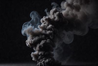 The primary subject of the image is a large, dark cloud of smoke. The setting is a dark background, which contrasts with the smoke, creating a dramatic visual effect. The visual style is a black and white photo, which adds to the mood of the scene. The colors and mood of the image are predominantly dark and moody, with the smoke serving as the main focal point.
