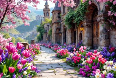 Primary subject: A beautifully decorated pathway with a variety of flowers, including tulips and daffodils, lining the street.

Setting/background: The pathway is situated between two old buildings, creating a charming and historic atmosphere.

Visual style: The image is a photo, capturing the vibrant colors and intricate details of the flowers and the surrounding environment.

Colors and mood: The dominant colors are pink, purple, and white, creating a warm and inviting mood. The flowers add a touch of natural beauty and freshness to the scene.