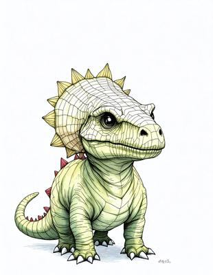 The primary subject of the image is a cartoon-like dinosaur, possibly a baby alligator or a dinosaur with a crocodile head, standing on a white surface. The visual style of the image is a combination of digital art and illustration, giving it a unique and creative appearance. The colors and mood of the image are predominantly white, with the dinosaur or alligator having a greenish hue. The overall atmosphere of the image is playful and imaginative, as it features a creature that is not commonly seen in real life.