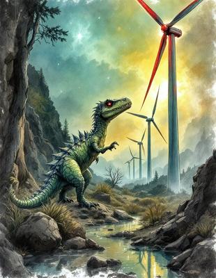 Primary subject: Dinosaur
Setting/background: Mountains, forest, and windmills
Visual style: Digital art
Colors and mood: Dark, moody, and dramatic