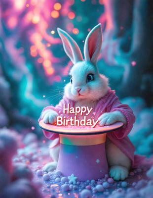 The primary subject of the image is a cute bunny rabbit wearing a pink jacket and a purple hat. The bunny is sitting on a purple and pink magician's hat, which is placed on a purple background. The visual style of the image is a digital art, and the colors and mood are predominantly pink and purple, creating a warm and cheerful atmosphere.