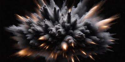The primary subject of the image is a large, dark explosion with smoke and fire. The setting is a black background, which contrasts with the bright colors and intense visuals of the explosion. The visual style is a combination of photo and digital art, creating a dramatic and dynamic scene. The colors and mood are intense and dramatic, with the explosion being the main focus and source of energy in the image.
