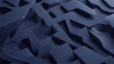 The primary subject of the image is a blue, textured surface with a pattern of letters and shapes. The setting appears to be a dark room, and the visual style is a combination of digital art and illustration. The dominant colors are blue and black, creating a moody atmosphere.