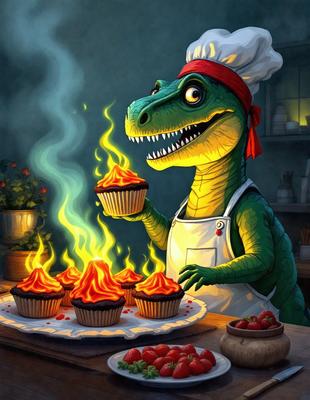 The primary subject of the image is a cartoon dinosaur chef, wearing an apron and holding a cupcake. The setting is a kitchen, with various items such as a bowl, a spoon, and a cup. The visual style is a cartoon illustration, and the colors are predominantly orange and green, creating a warm and inviting atmosphere.