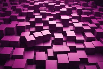 The primary subject of the image is a large, purple, three-dimensional grid made up of many small, square-shaped blocks. The setting is a dark, purple background that contrasts with the bright, pink blocks. The visual style is a digital art or illustration, creating a unique and eye-catching pattern. The colors and mood of the image are predominantly purple and pink, giving it a vibrant and lively atmosphere.
