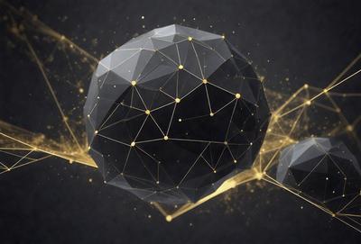The primary subject of the image is a large, black, geometric sphere with a gold hue. The setting is a dark background, which contrasts with the bright, golden sphere. The visual style is a combination of digital art and illustration, creating a unique and eye-catching design. The colors and mood of the image are predominantly dark and moody, with the gold hue adding a touch of warmth and brightness to the overall atmosphere.