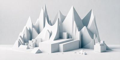 The primary subject of the image is a large white building, which is the main focus of the scene. The setting is a mountainous landscape, with a backdrop of snow-capped mountains. The visual style of the image is digital art, as it is a 3D model of a building. The colors and mood of the image are predominantly white, giving it a clean and minimalist appearance.