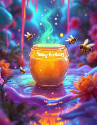 The primary subject of the image is a happy birthday message displayed on a vase. The vase is filled with honey and surrounded by a colorful and vibrant environment. The setting includes a pink background and a purple surface, creating a lively and cheerful atmosphere. The visual style of the image is a digital art or illustration, with a focus on the birthday message and the vibrant colors of the surrounding environment.