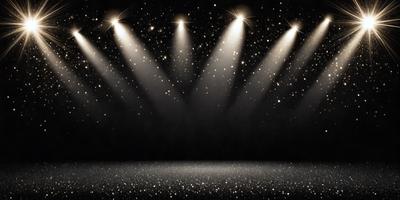 The primary subject of the image is a stage with a spotlight shining on it. The setting is a black background, which creates a dramatic effect. The visual style is a combination of a photo and digital art, giving the image a unique and artistic appearance. The colors and mood of the image are predominantly dark, with the spotlight being the main source of light and creating a sense of intensity and focus.