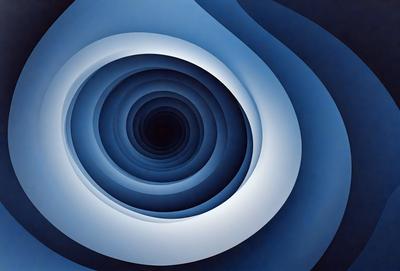 The primary subject of the image is a large, round, blue hole with a black center. The hole appears to be a part of a spiral or a tunnel, and it is surrounded by a blue background. The visual style of the image is a combination of a photo and a digital art, creating a unique and intriguing scene. The colors and mood of the image are predominantly blue, with the black center of the hole adding contrast and depth to the overall atmosphere.