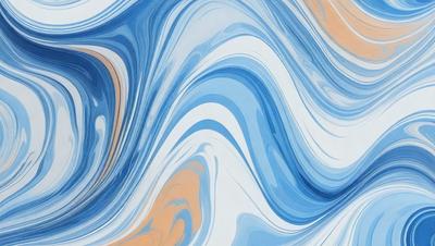 The primary subject of the image is a blue and white painting featuring a wave pattern. The setting is a white wall, and the visual style appears to be a digital art or illustration. The dominant colors in the painting are blue and white, creating a calming and serene atmosphere.