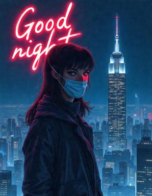 The primary subject of the image is a woman wearing a face mask, standing in front of a tall building at night. The setting is a cityscape with a lit-up skyline in the background. The visual style is a digital art or illustration, with a red neon sign adding a vibrant touch to the scene. The colors and mood convey a sense of mystery and urban ambiance.