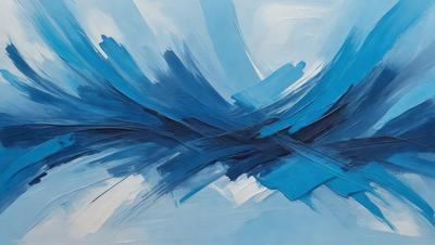 The primary subject of the image is a painting of a blue and white ocean wave. The setting is a blue background, and the visual style appears to be a digital art or illustration. The dominant colors in the painting are blue and white, creating a serene and calming atmosphere.