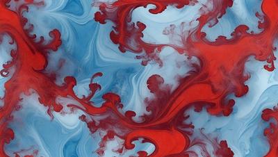 The primary subject of the image is a painting featuring a red and blue color scheme. The painting is displayed on a blue and red background, creating a visually striking contrast. The visual style of the painting appears to be a mix of digital art and traditional painting techniques. The dominant colors in the painting are red and blue, creating a bold and vibrant atmosphere.