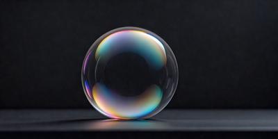 The primary subject of the image is a large, colorful, and round glass bubble. The bubble is placed on a black surface, which serves as the setting or background. The visual style of the image is a close-up of the bubble, showcasing its vibrant colors and unique texture. The colors and mood of the image are lively and captivating, with the bubble's vivid hues and the contrast between the bubble and the dark background creating an eye-catching and engaging scene.