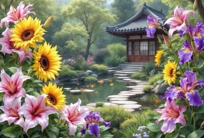 The primary subject of the image is a garden with a variety of flowers, including sunflowers, pink flowers, and purple flowers. The garden is situated in front of a small building, possibly a pagoda, and is surrounded by a pond. The setting is a peaceful and serene environment, with the flowers and the building creating a harmonious and visually appealing scene. The visual style of the image is a combination of photo and digital art, with the flowers and the building appearing to be realistically rendered while the overall composition is artistic and well-balanced. The colors and mood of the image are predominantly warm and inviting, with the sunflowers and pink flowers adding a touch of brightness and cheerfulness to the scene.