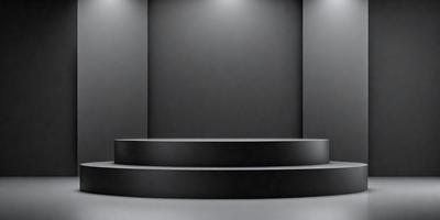 The primary subject of the image is a black bench. The setting is a room with a black wall, and the visual style is a photo. The colors and mood of the image are predominantly black, creating a dark and moody atmosphere.