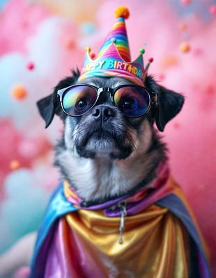 The primary subject of the image is a small dog wearing a birthday hat and sunglasses. The dog is the center of attention, and it appears to be the main focus of the image. The setting is a colorful background, which adds to the overall mood and visual style of the photo. The colors are vibrant and lively, creating a fun and celebratory atmosphere.