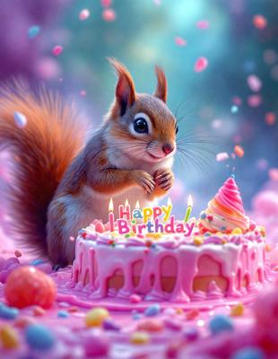 The primary subject of the image is a small, cute, and happy squirrel sitting next to a birthday cake. The cake is decorated with pink frosting and has candles on it. The setting appears to be a whimsical and playful environment, possibly a fantasy or cartoon world. The visual style of the image is a combination of digital art and illustration, creating a vibrant and lively atmosphere. The colors and mood of the image are predominantly pink and cheerful, reflecting the joyful nature of the birthday celebration.
