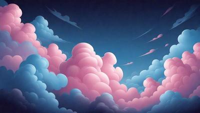 The primary subject of the image is a cloudy sky with pink and blue clouds. The setting is a nighttime scene with a dark blue background. The visual style is a digital art or illustration, creating a whimsical and dreamy atmosphere. The dominant colors are pink and blue, with the pink clouds contrasting against the blue sky.
