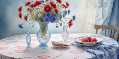 The primary subject of the image is a table with a vase of flowers and a plate of red berries. The table is set with a blue tablecloth, and the flowers are arranged in a clear vase. The setting appears to be a dining area, and the visual style is a photo. The colors and mood of the image are predominantly blue and red, creating a warm and inviting atmosphere.