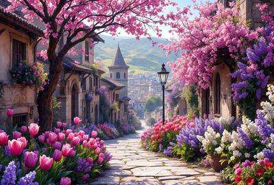 The primary subject of the image is a narrow alleyway lined with purple flowers, including tulips and cherry blossoms. The setting is a quaint, old-world village with stone buildings and a mountainous backdrop. The visual style is a combination of photo and digital art, creating a vibrant and lively atmosphere. The dominant colors are purple and pink, with the flowers adding a touch of white. The overall mood is one of serenity and beauty, as the flowers and the village create a picturesque scene.