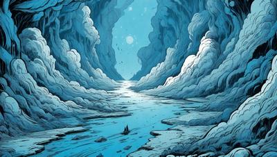 The primary subject of the image is a boat floating on a body of water, which appears to be a river. The boat is situated in the middle of the scene, surrounded by a serene and peaceful environment. The setting includes a mountainous landscape, with the mountains visible in the background. The visual style of the image is a combination of digital art and illustration, creating a captivating and immersive atmosphere. The colors in the image are predominantly blue, which adds to the calming and tranquil mood of the scene.