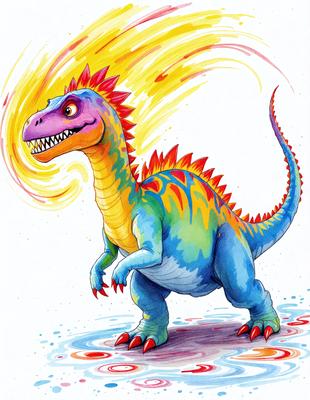 The primary subject of the image is a colorful, cartoon-like dinosaur with a long neck and a spiky tail. The dinosaur is standing on a colorful surface, which adds to the vibrant and lively atmosphere of the scene. The visual style of the image is a combination of digital art and illustration, creating a unique and eye-catching appearance. The colors and mood of the image are predominantly bright and cheerful, with the dinosaur's vivid colors and the colorful surface creating a sense of fun and playfulness.