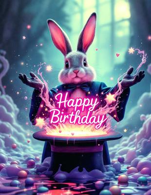 The primary subject of the image is a bunny rabbit, which is wearing a bow tie and holding a wand. The setting is a magical forest, with a backdrop of a purple sky. The visual style is digital art, and the colors and mood are vibrant and whimsical.