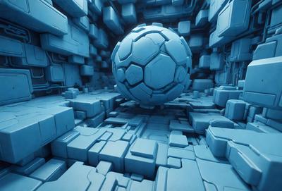 The primary subject of the image is a large, blue, round object, which appears to be a ball or a sphere. The setting is a blue, three-dimensional environment, possibly a futuristic or abstract space. The visual style of the image is digital art, as it is a computer-generated or digitally rendered scene. The colors and mood of the image are predominantly blue, creating a sense of depth and a futuristic atmosphere.