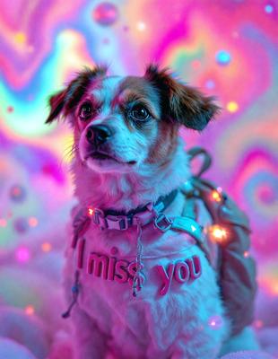 The primary subject of the image is a brown and white dog wearing a backpack. The dog is standing in front of a colorful background, which adds a vibrant and lively atmosphere to the scene. The visual style of the image is a combination of photo and digital art, creating a unique and eye-catching appearance. The colors and mood of the image are predominantly bright and cheerful, with the dog's attire and the colorful background contributing to the overall positive and energetic vibe.