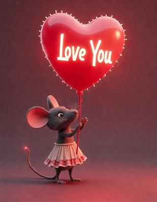 The primary subject of the image is a small mouse holding a red heart-shaped balloon. The mouse is wearing a dress and appears to be in a playful and loving mood. The setting is a dark background, which contrasts with the bright red heart balloon and the mouse's dress. The visual style is a digital illustration, creating a whimsical and charming scene. The colors and mood are predominantly red, symbolizing love and affection.