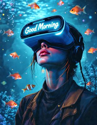 The primary subject of the image is a woman wearing a black shirt and headphones, with a VR headset on her head. She is surrounded by a variety of fish, creating a vibrant and lively scene. The setting appears to be underwater, with the woman seemingly immersed in a virtual aquatic environment. The visual style of the image is a digital art or illustration, with the woman and fish depicted in a detailed and colorful manner. The overall atmosphere of the image is energetic and engaging, as the woman appears to be enjoying her time in the virtual world.