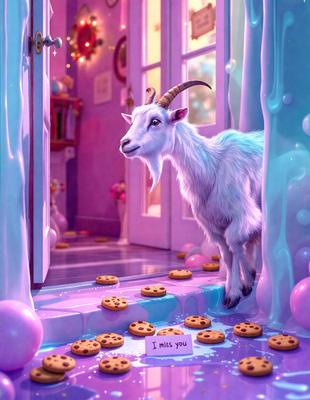 The primary subject of the image is a goat standing in a room with a purple floor. The goat is surrounded by a variety of cookies, which are scattered all over the floor. The setting appears to be a playful and whimsical environment, possibly a children's room or a fantasy setting. The visual style of the image is a combination of digital art and illustration, creating a unique and imaginative scene. The dominant colors in the image are purple and white, giving the scene a fun and lighthearted atmosphere.