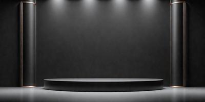 The primary subject of the image is a black stage with a light shining on it. The setting is a dark room, and the visual style appears to be a photo. The colors and mood of the image are predominantly dark, with the light on the stage being the main source of illumination.