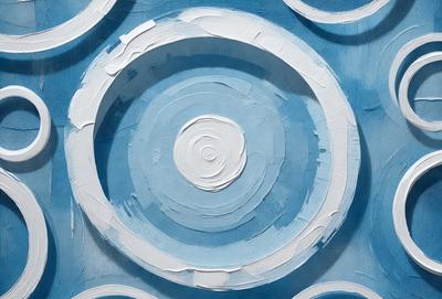 The primary subject of the image is a white circle with a blue background. The circle is the main object, and it appears to be a painting or drawing. The setting is a blue background, which adds to the overall atmosphere of the image. The visual style is a combination of painting and drawing, creating a unique and artistic appearance. The colors and mood of the image are predominantly blue and white, giving it a calm and serene feel.