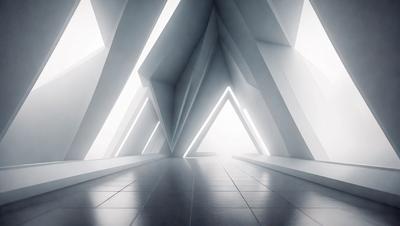 The primary subject of the image is a long, narrow hallway with a white color scheme. The setting is a large, open building with a white interior. The visual style is a combination of photo and digital art, creating a unique and intriguing atmosphere. The colors and mood are predominantly white, giving the space a clean and minimalist appearance.