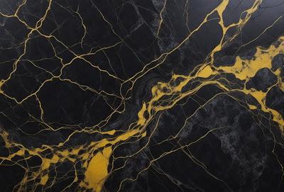 The primary subject of the image is a marble countertop with a yellow and black pattern. The setting is a kitchen or bathroom counter, and the visual style is a close-up of the countertop. The dominant colors are yellow and black, creating a bold and striking appearance.