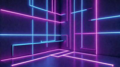 The primary subject of the image is a room with a purple and pink neon lighting display. The setting is a dark room with a white wall, and the visual style appears to be a digital art or illustration. The dominant colors in the image are purple and pink, creating a vibrant and energetic atmosphere.