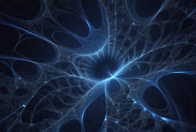 The primary subject of the image is a blue, swirling, and intricate pattern that resembles a spider web. The setting is a dark background, which contrasts with the vibrant blue colors of the pattern. The visual style is a combination of digital art and illustration, creating a unique and captivating image. The dominant colors are blue, with some hints of white, and the overall atmosphere is one of mystery and fascination.